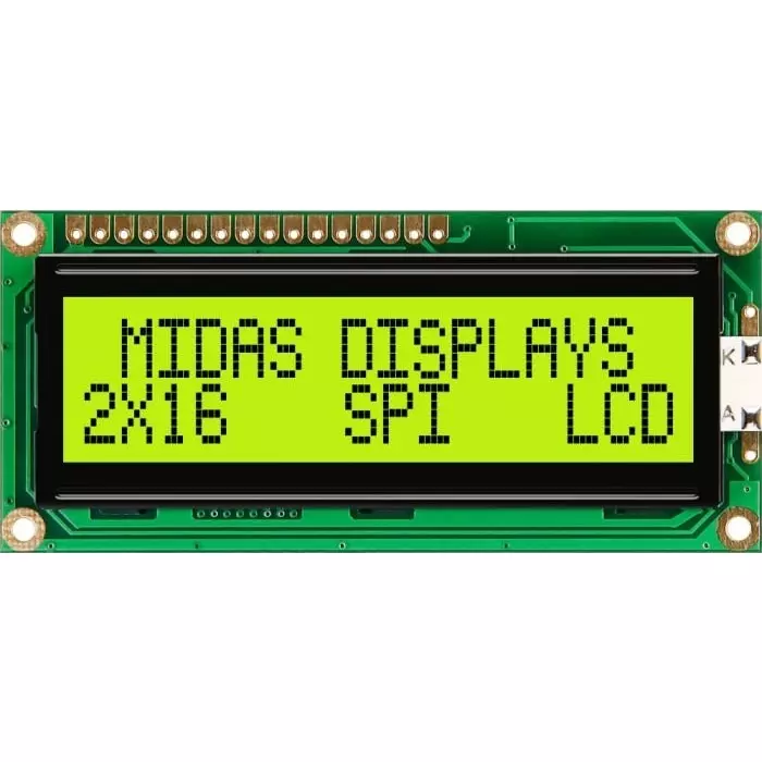 Midas Alphanumeric LCD Display 2 Rows by 16 Characters, MC21605C6W-SPTLYS-V2