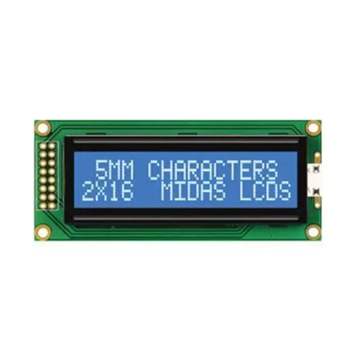 Midas Alphanumeric LCD Display Blue on White 2 Rows by 16 Characters Transmissive, MC21605B6WD-BNMLW-V2