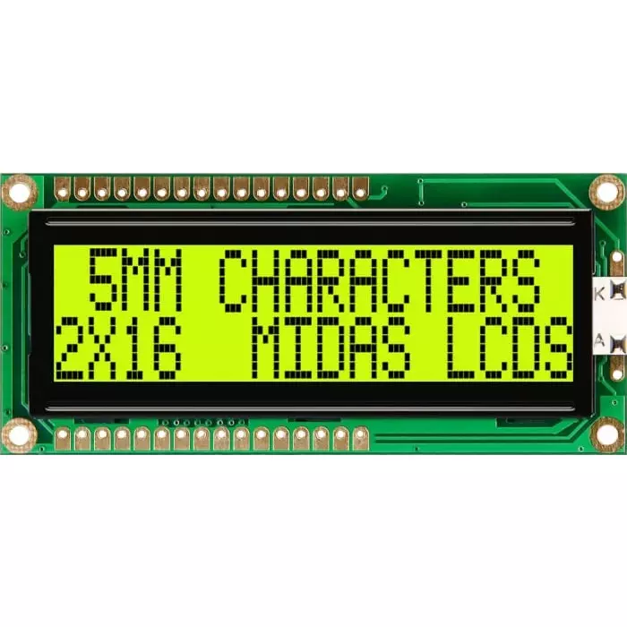 Midas Alphanumeric LCD Display 2 Rows by 16 Characters, MC21605G6WK-SPTLY-V2