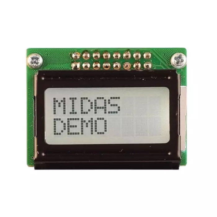 Midas Alphanumeric LCD Display 2 Rows by 8 Characters, MC20805B6W-FPTLW-V2