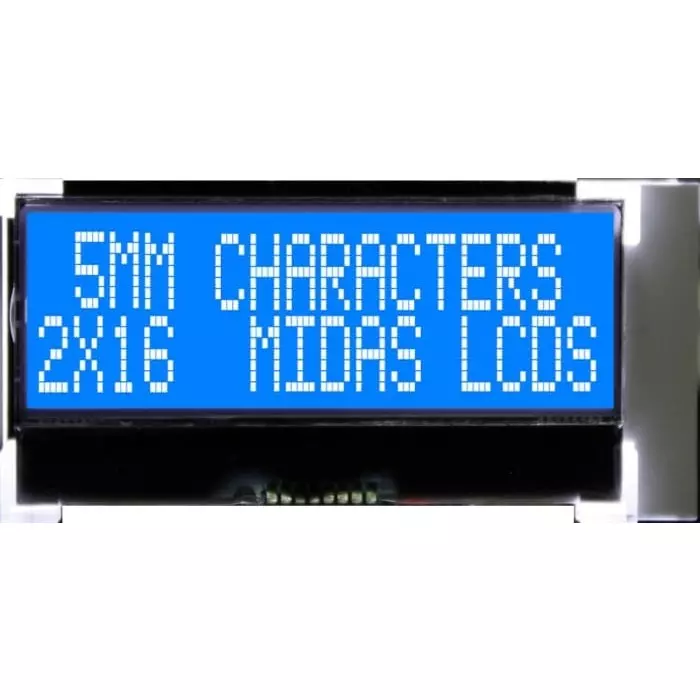 Midas Alphanumeric LCD Display White on Blue 2 Rows by 16 Characters Transmissive, MCCOG21605D6W-BNMLWI