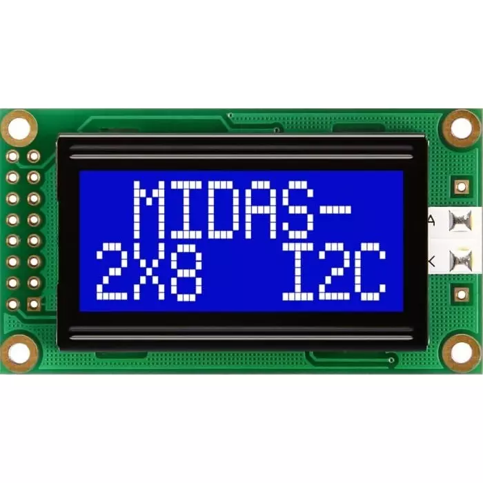 Midas Alphanumeric LCD Display 2 Rows by 8 Characters, MC20805A6W-BNMLWI-V2