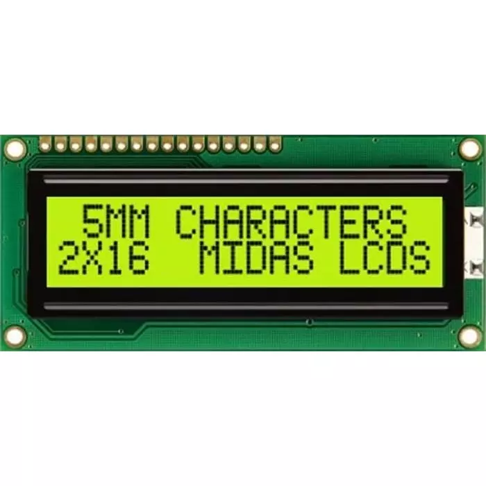 Midas Alphanumeric LCD Display 2 Rows by 16 Characters, MC21605C6WK-SPTLY-V2