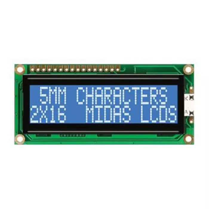 Midas Alphanumeric LCD Display Blue on White 2 Rows by 16 Characters Transmissive, MC21605G6WD-BNMLW-V2