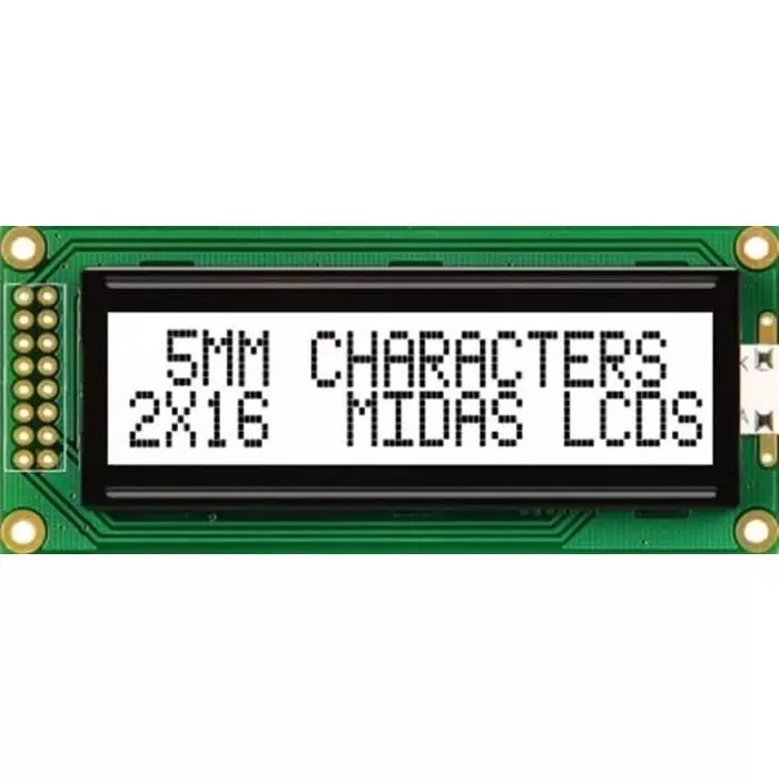 Midas Alphanumeric LCD Display 2 Rows by 16 Characters, MC21605B6WK-FPTLW-V2