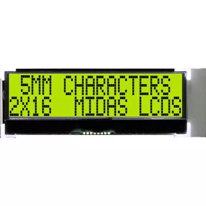 Midas Alphanumeric LCD Display Black on Yellow/Green 2 Rows by 16 Characters Transflective, MCCOG21605C6W-SPTLYI