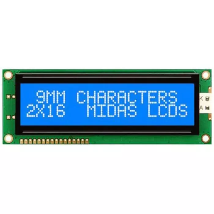 Midas Alphanumeric LCD Display Blue on White 2 Rows by 16 Characters Transmissive, MC21609AB6W-BNMLW-V2