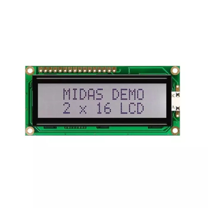 Midas Alphanumeric LCD Display 2 Rows by 16 Characters, MC21605C6W-FPTLWI-V2