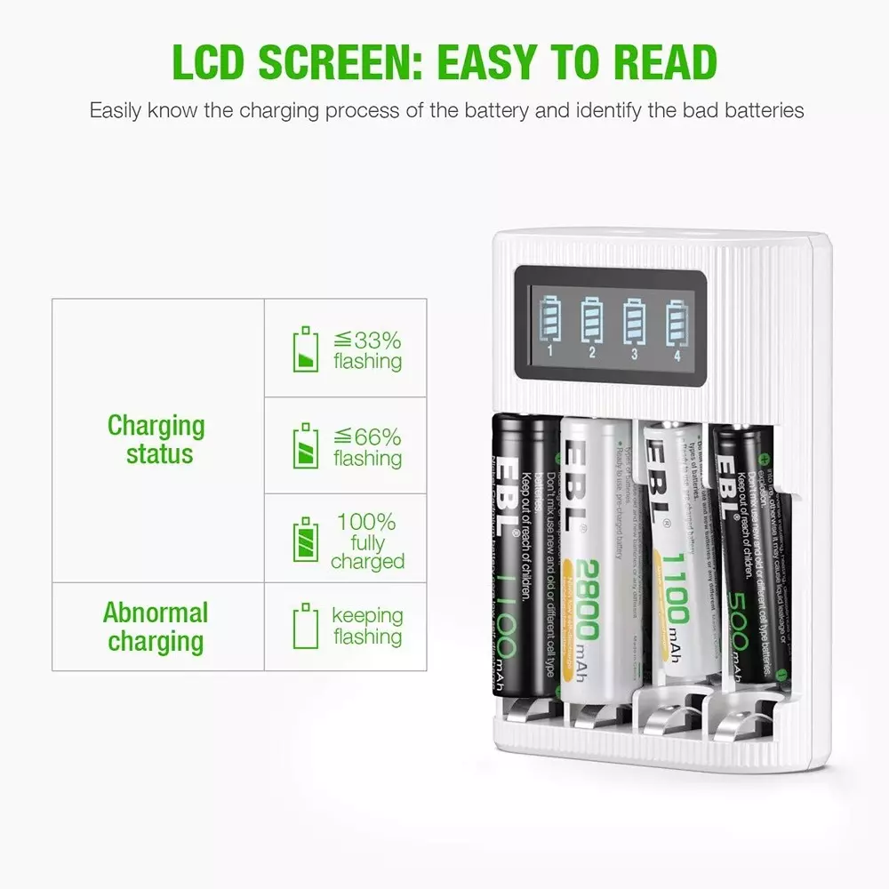 EBL AA and AAA Battery Charger 9x6.8x2.5 cm LCD Display 4 Hours Full Battery Charge Capacity