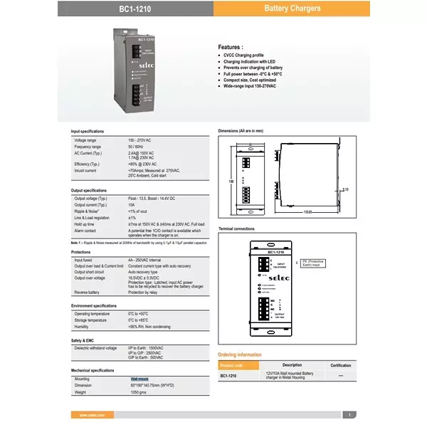 Selec Battery Chargers Voltage Range 150-270 V AC Wall Mount, BC1-1210