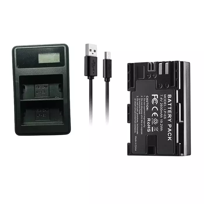 LRSA LCD Camera Battery Charger with 2600 mAh Battery Pack LP-E6 & Micro USB Cable, Black