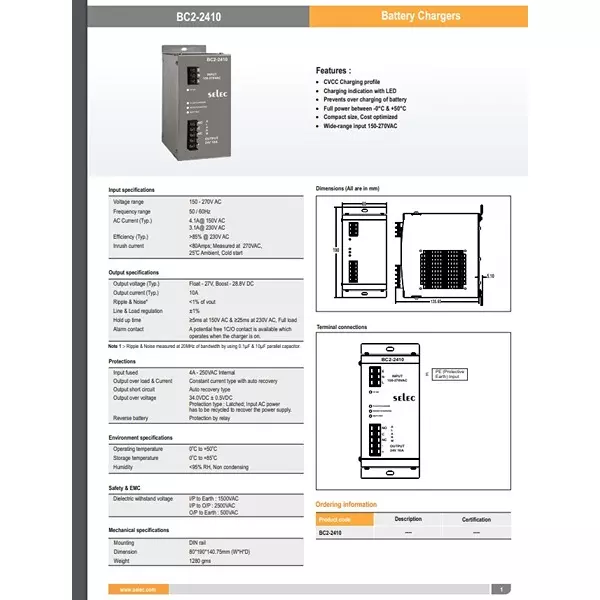 Selec Battery Chargers Voltage Range 150-270 V AC DIN Rail, BC2-2410