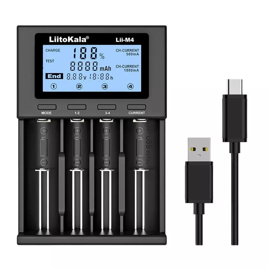KP Original Smart Battery Charger LCD Display Black 240 V AC for 18650 26650 21700 18350 14500 AA AAA Batteries, LII-M4