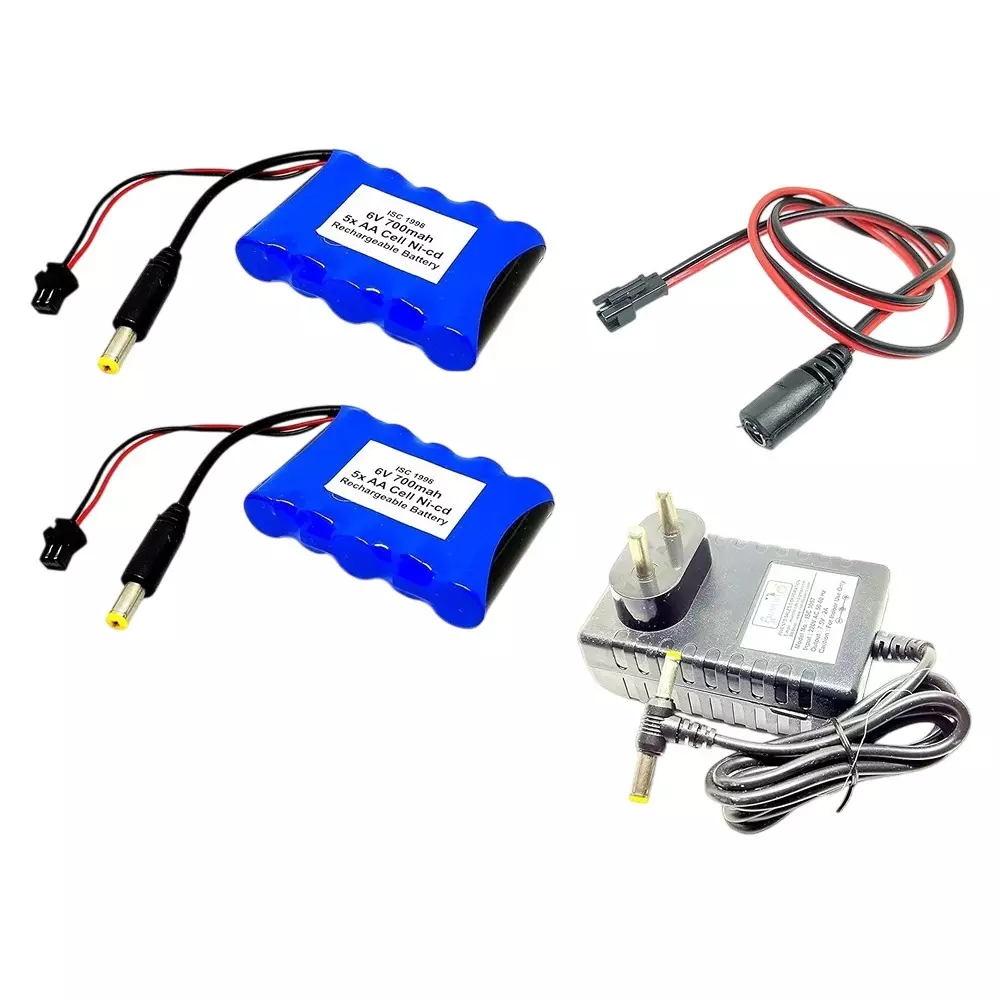 Invento 2 Pcs Rechargeable Battery Pack 5-Cell Ni-cd 6 V Output Voltage 700 mAh with 5.5 mm Male DC Jack + 7.5 V/2 A DC Adaptor + Charger Cable, ISC 1998-Z1