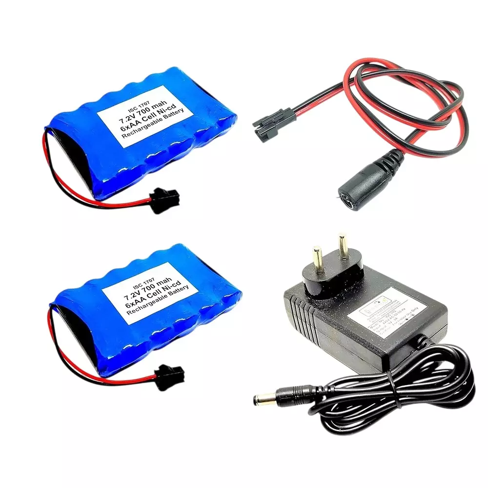 Invento 2 Pcs Rechargeable Battery 7.2 V Voltage 700 mAh Capacity Ni-cd 6 AA Cell with 9 V 2 A DC Adaptor Charger & Charger Cable
