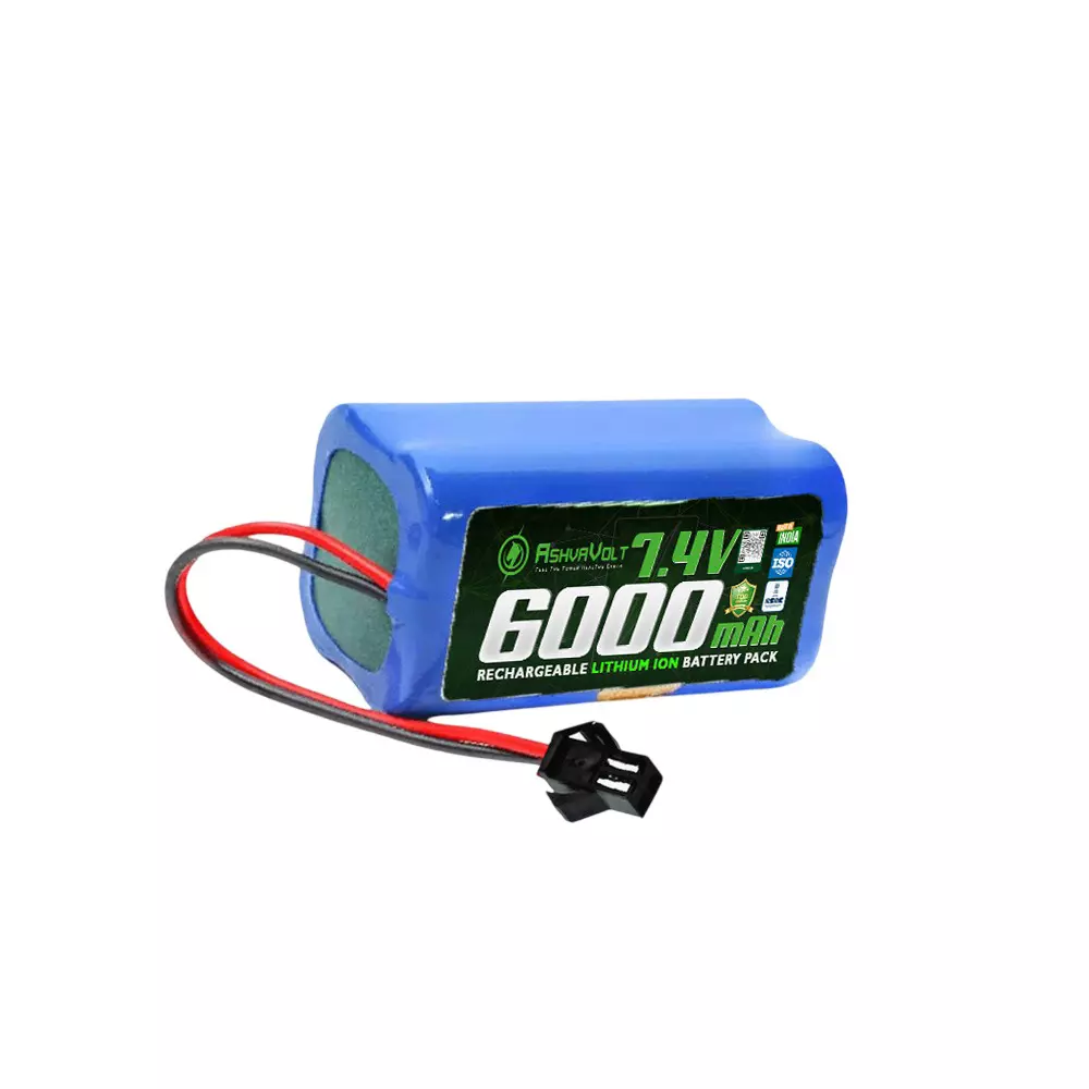 AshvaVolt 2S 2P 18650 Rechargable Lithium Battery Pack 6000 mAh With BMS Protection, Male/Female 2 Pin Black Connector, 7.4 V, ASHV-7.4V6AH-NMC-M2F