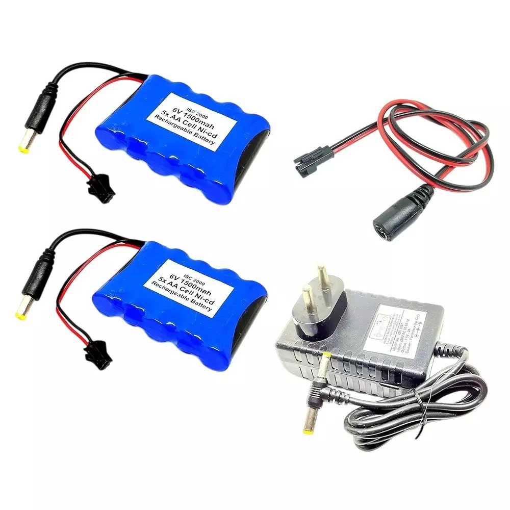 Invento 2 Pcs Rechargeable Battery Pack 5-Cell Ni-cd 6 V Output Voltage 1500 mAh with 5.5 mm Male DC Jack + 7.5 V/2 A DC Adaptor + Charger Cable, ISC 2000-Z1