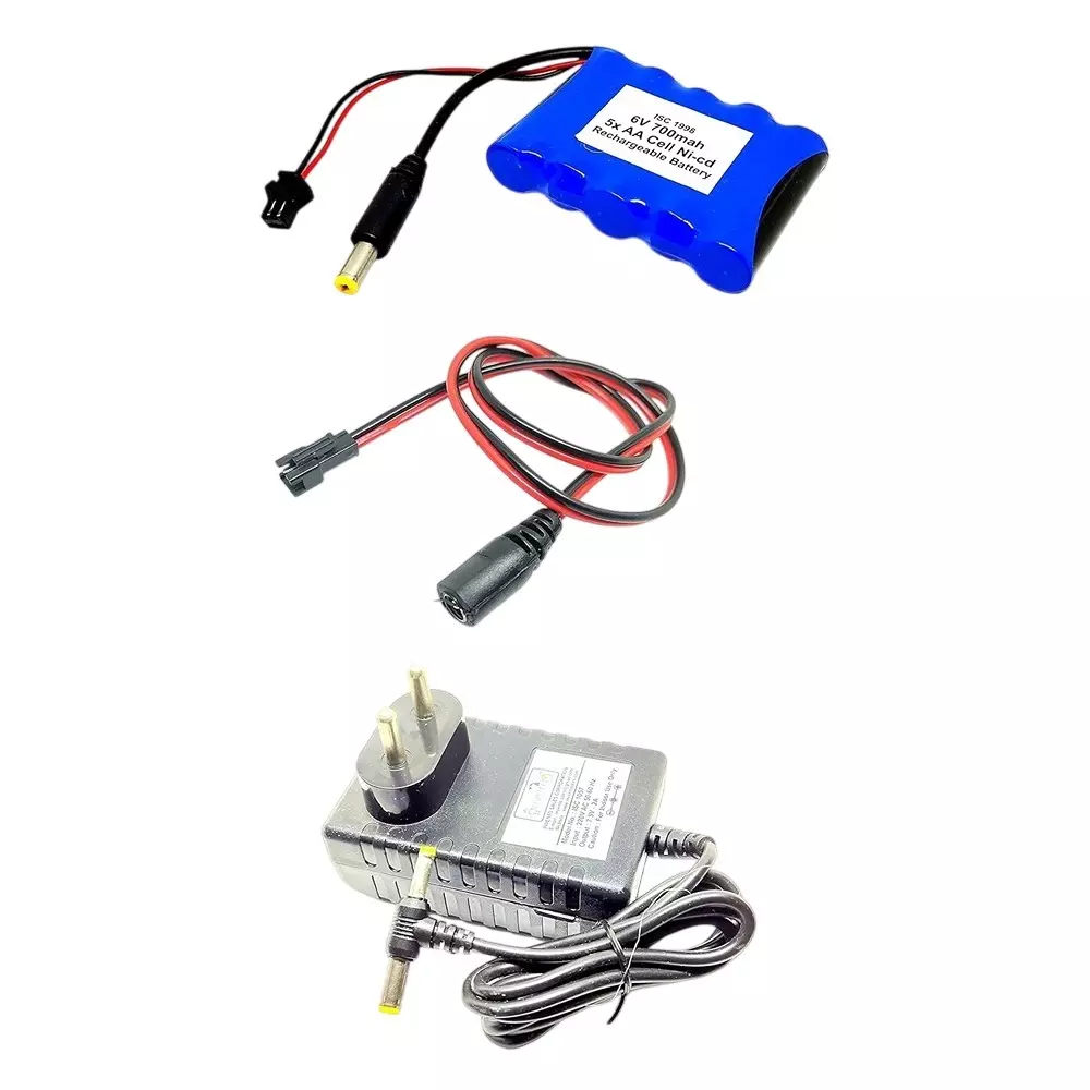 Invento Rechargeable Battery Pack 5-Cell Ni-cd 6 V Output Voltage 700 mAh with 5.5 mm Male DC Jack + 7.5 V/2 A DC Adaptor + Charger Cable, ISC 1998-Z