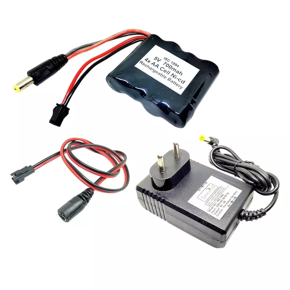 Invento Rechargeable Battery Pack Ni-cd 1.2 V x 4 AA Cell 5 V 700 mAh with 5.5 mm Male DC Jack + 6 V Charger + Charger Cable, ISC 1994-Z