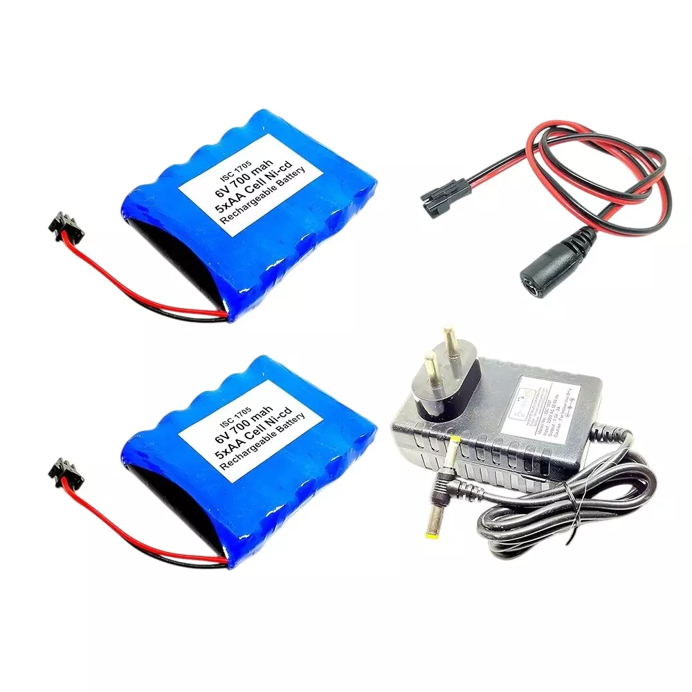 Invento 2 Pcs Rechargeable Battery 6 V Voltage 700 mAh Capacity Ni-cd 5 AA Cell with 7.5 V 2 A DC Adaptor Charger & Charger Cable