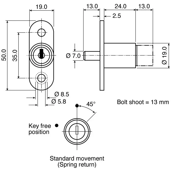 Euro-Locks Sliding Door Key Lock 24 mm Panel to Tongue Depth, 25 mm Panel Cutout Diameter, 5663502