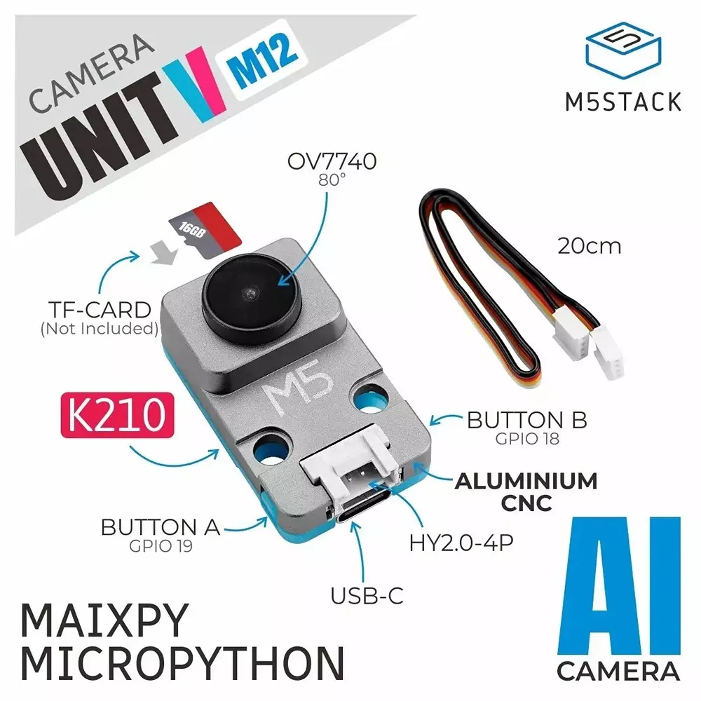 M5Stack Unit V AI Camera 40x24x16.4 mm Dimension, M5STACK-U078-V-M12