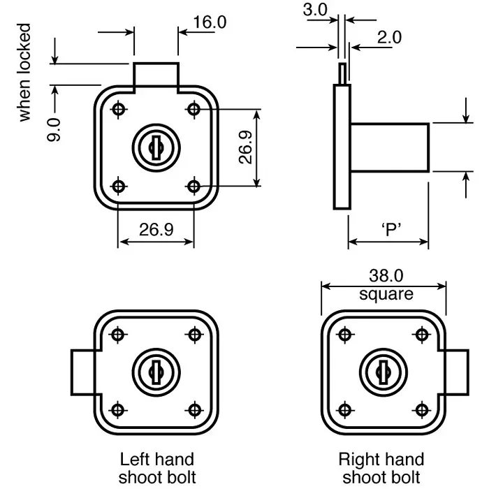 Euro-Locks Sliding Door Key Lock 22 mm Panel to Tongue Depth, 25 mm Panel Cutout Diameter, 566532A