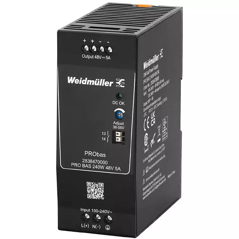 Weidmuller PRObas AC：45…65 Frequency Range 240.0 VA Rated/Max Power Output 100.0 mm, 2838470000 PRO BAS 240W 48V 5A