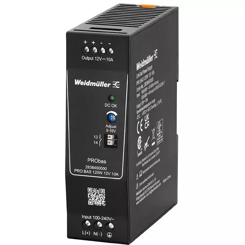 Weidmuller PRObas AC：45…65 Frequency Range 120.0 VA Rated/Max Power Output 100.0 mm, 2838450000 PRO BAS 120W 12V 10A