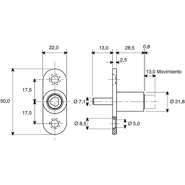 Euro-Locks Plunger Key Lock 28.5 mm Panel to Tongue Depth, 24.2x20 mm Panel Cutout, 4282-1400BA