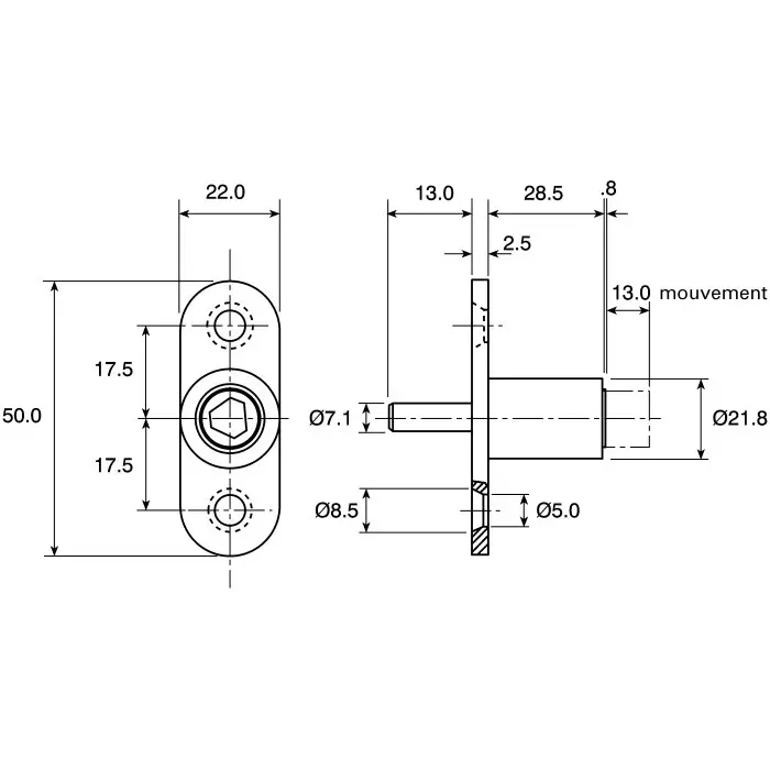 Euro-Locks Plunger Key Lock 28.5 mm Panel to Tongue Depth, 24.2x20 mm Panel Cutout, 4282-1400BA