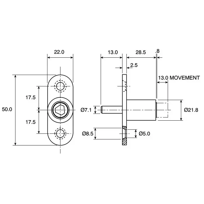 Euro-Locks Plunger Key Lock 28.5 mm Panel to Tongue Depth, 24.2x20 mm Panel Cutout, 4282-1400BA