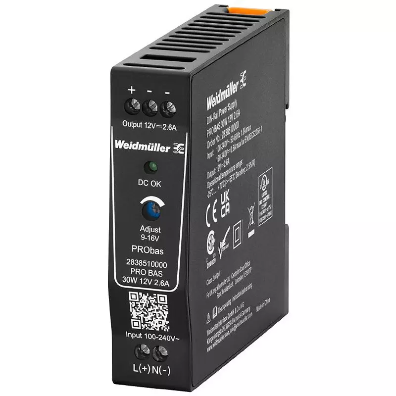 Weidmuller PRObas AC：45…65 Frequency Range 30.0 VA Rated/Max Power Output 85.0 mm Depth, 2838510000 PRO BAS 30W 12V 2.6A