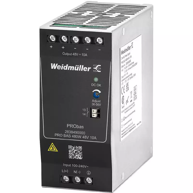 Weidmuller PRObas AC：45…65 Frequency Range 480.0 VA Rated/Max Power Output 125.0 mm, 2838490000 PRO BAS 480W 48V 10A