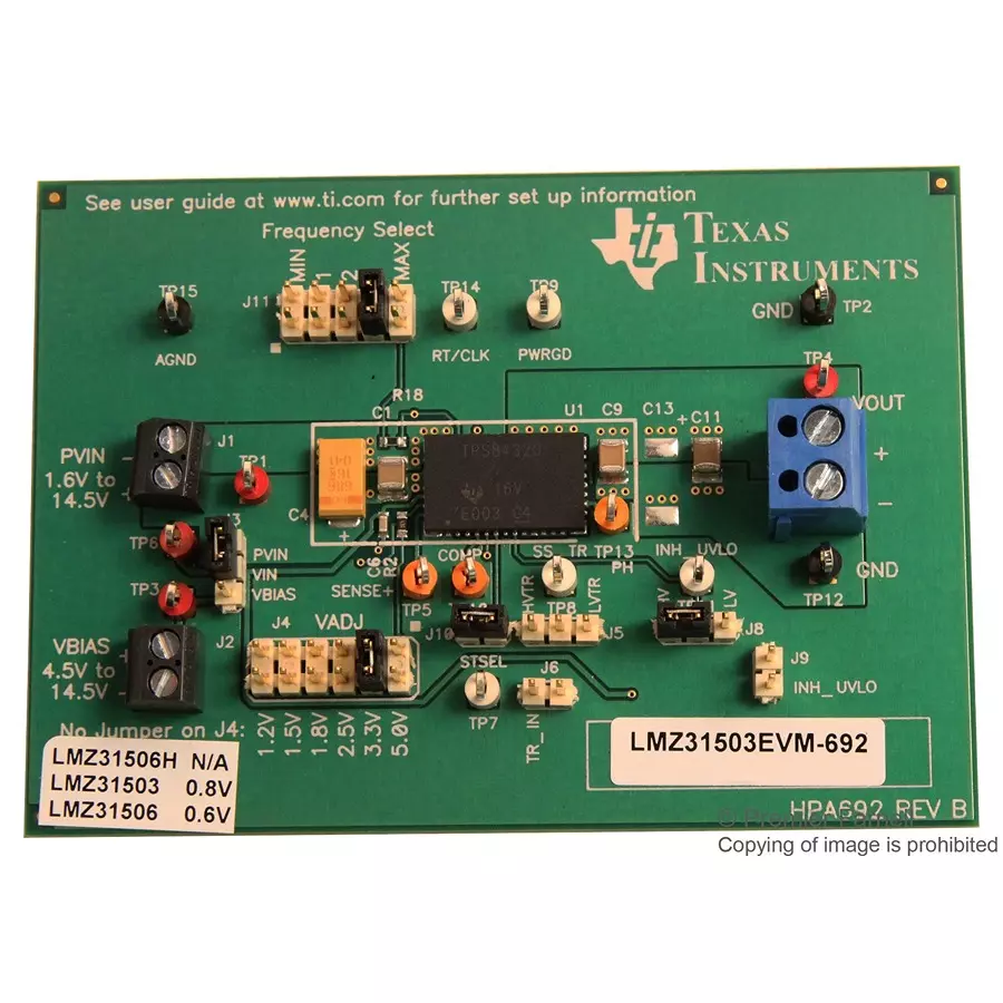 TEXAS INSTRUMENTS Power Management Development Kits - DC / DC EVALUATION BOARD, SYNC BUCK CONVERTER, LMZ31503EVM-692