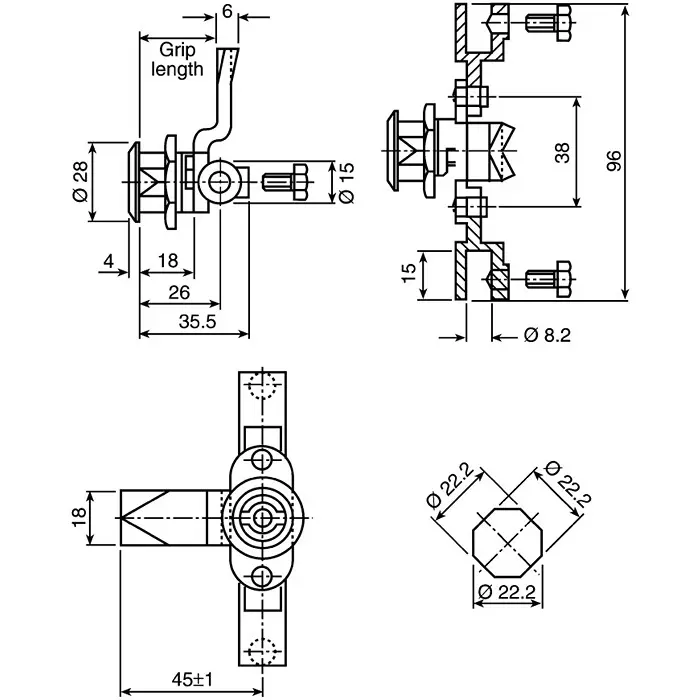 Steinbach & Vollman Steel Three Point Lock, 18mm Panel-to-Tongue, 22.2x22.2mm Cutout, Key Unlock, 6700496