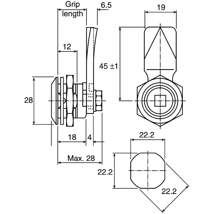 Steinbach & Vollman Square Key Lock Stainless Steel, 13 mm Panel to Tongue Depth, 20.2x20.2 mm Panel Cutout, 3410242