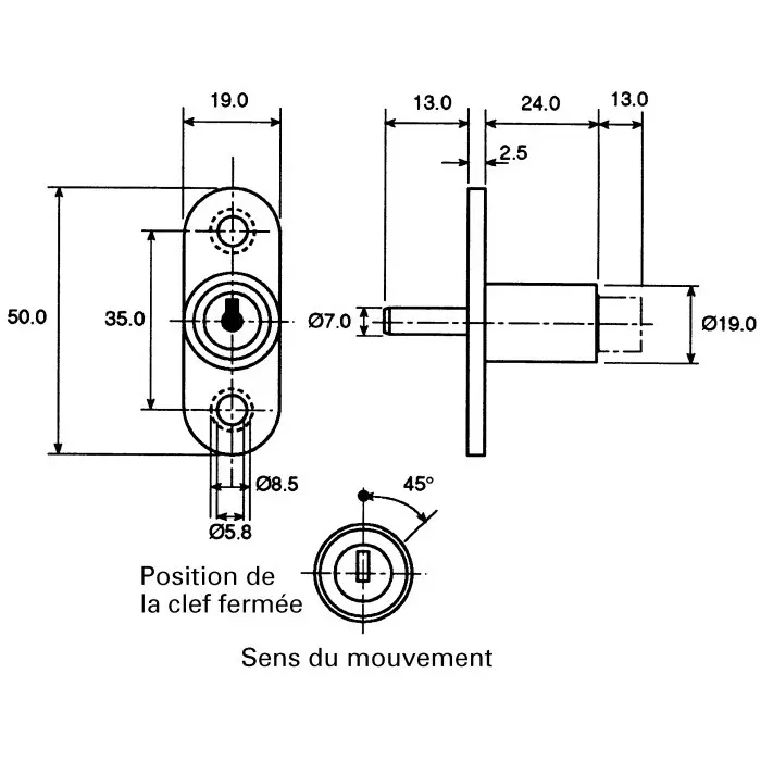 Euro-Locks Sliding Door Key Lock 24 mm Panel to Tongue Depth, 24 mm Panel Cutout Diameter, 5862007