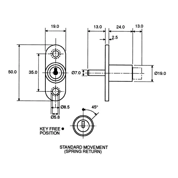 Euro-Locks Sliding Door Key Lock 24 mm Panel to Tongue Depth, 24 mm Panel Cutout Diameter, 5862007