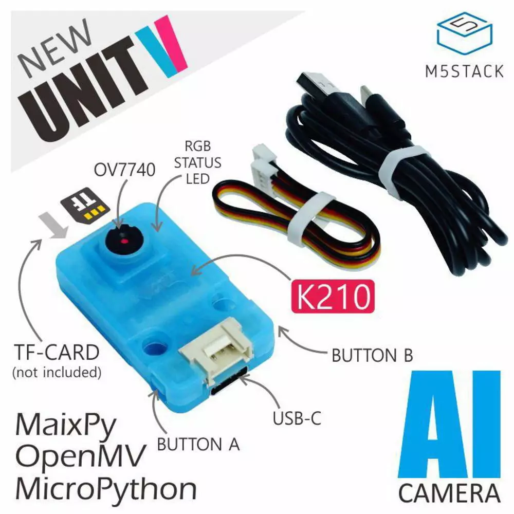 M5Stack Unit V AI Camera 4x2.5x1.5 mm Dimension, M5STACK-U078-C