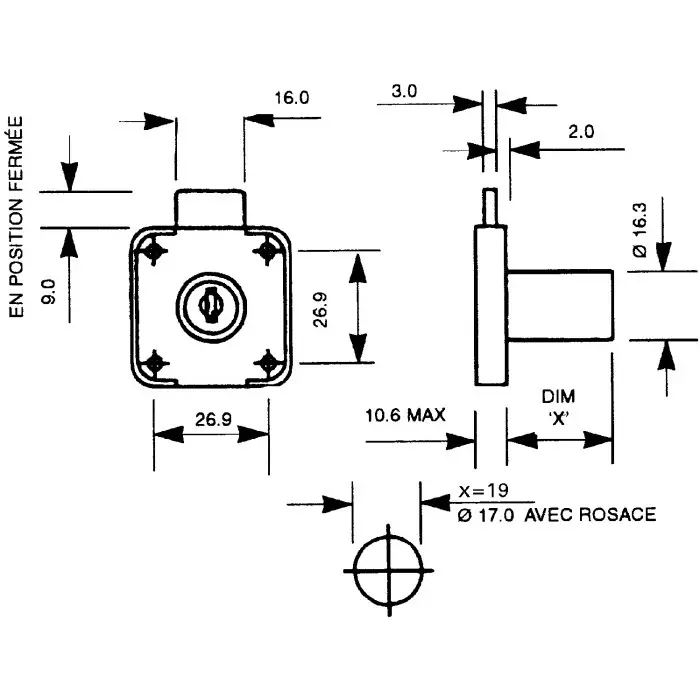 Euro-Locks Sliding Door Key Lock 22 mm Panel to Tongue Depth, 19 mm Panel Cutout Diameter, 5665532