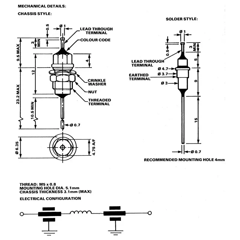 Oxley FLTM, Signal Filter, 350 V dc 1000MHz, 10A, Panel Mount, 4.7 (Dia.) x 32.7 mm