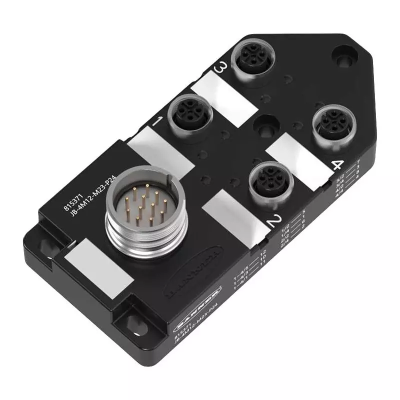 BANNER ENGINEERING Junction Block, 4Port M12, 8 Pnp, Ip67, Jb-4M12-M23-P24.