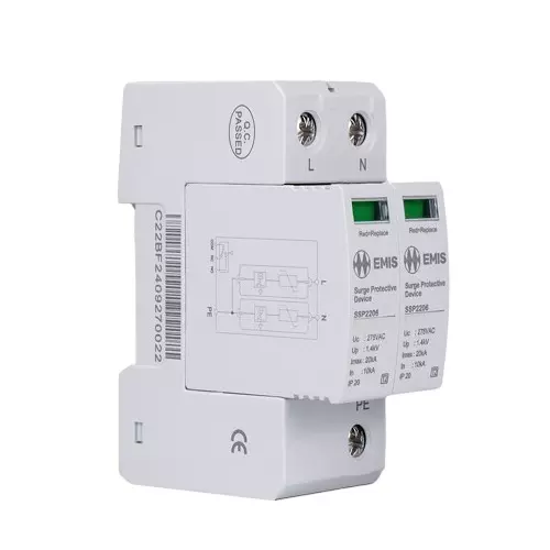 EMIS Single Phase Surge Protector 2 Pole, 10-20 kA Discharge Current and 250 to 275 V AC Operating Voltage, SSP2206