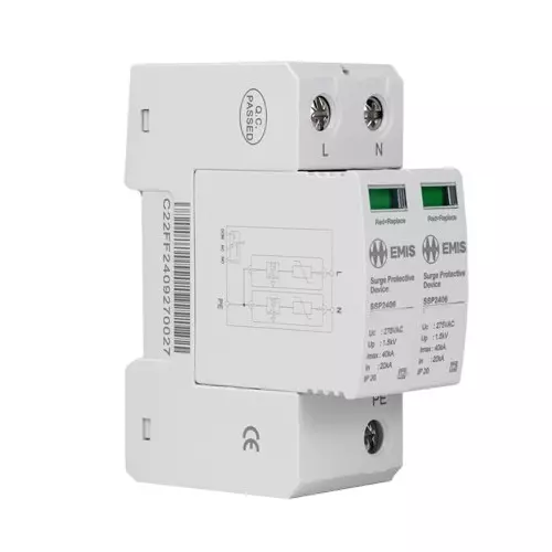 EMIS Single Phase Surge Protector 2 Pole, 20-40 kA Discharge Current and 250 to 275 V AC Operating Voltage, SSP2406