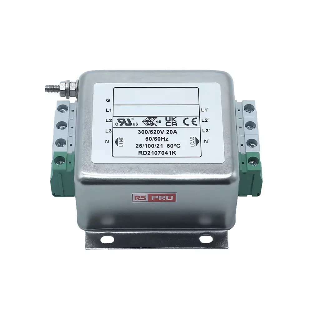 RS PRO Power Line Filter DIN Rail Three Phase 20 Amp 520 V AC, 2867323
