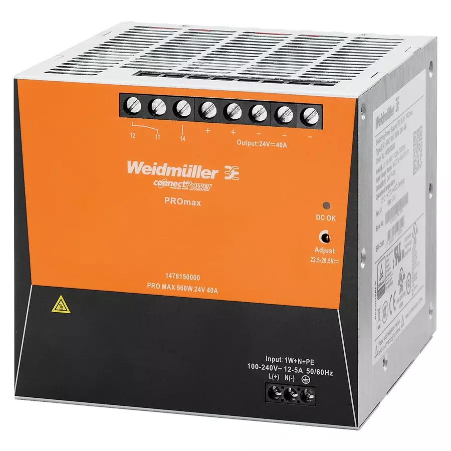 Weidmuller POWER SUPPLY, AC-DC, 24V, 40A, 1478150000