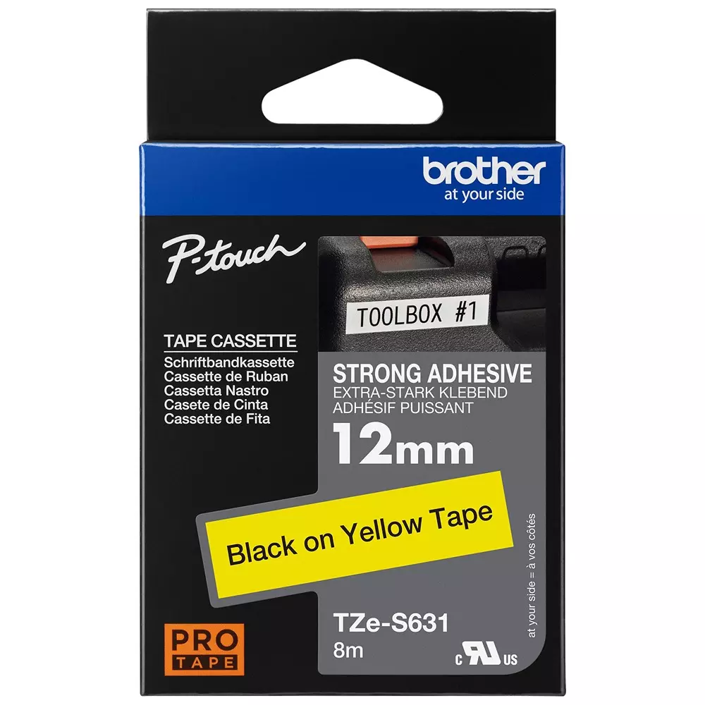 BROTHER Tape, 12mm, BlACk/Yellow, S/Adh, TZE-S631.