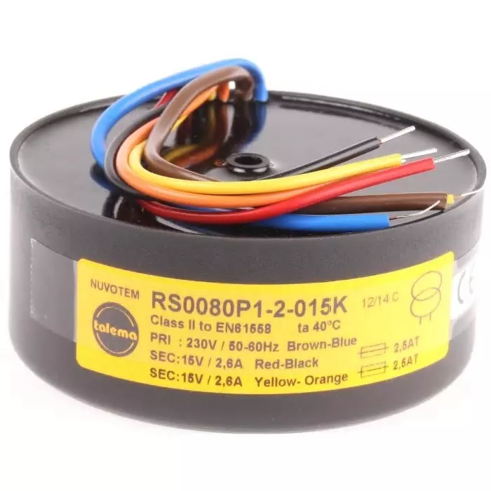Nuvotem Talema Toroidal Transformer 230V AC 2 x 15V AC 80VA 2 Output, 0080P1-2-015K