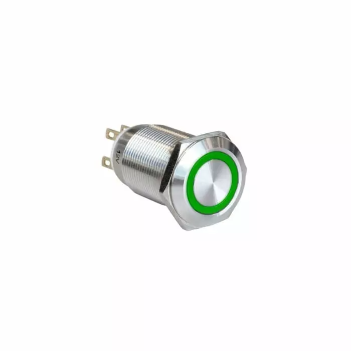 BULGIN LIMITED MPI005 Series Illuminated Push Button Switch Latching 19.2mm Cutout SPST Green LED 12V IP65, MPI005R28LSGN12